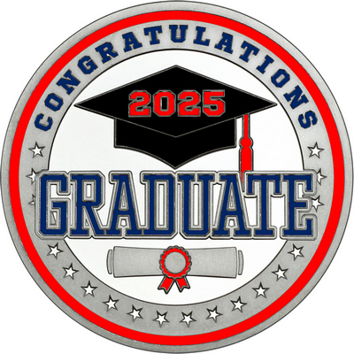 Navy Blue "Congratulations Graduate" with Red 2025, Rim, Tassel & Ribbon